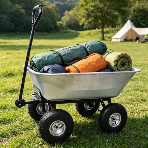 300LB Steel Garden Dump Cart 4-Wheel Wagon Poly Tray 55L Silver Tilting Bed