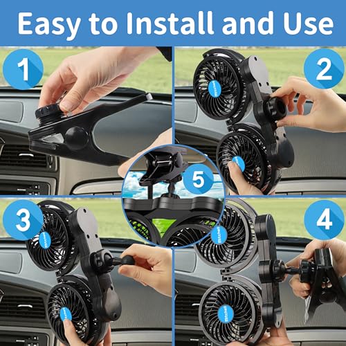 Alagoo 12V Car Fan, Adjustable 4 Inches Dual Head Car Clip Fan for Front/Rear Seat Passenger, 360° Rotatable Cars Fans with Stepless Speed Regulation for Car/Vehicle SUV, RV - color: Cigarette Dual Fan - Clip