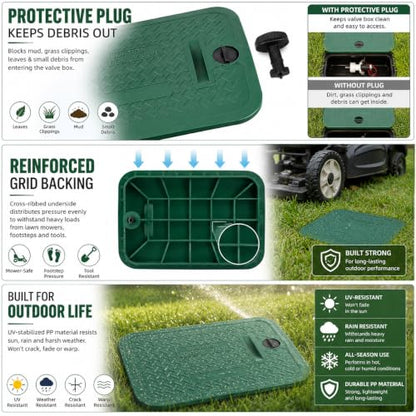 Green Irrigation Valve Cover & Box Lid | 12"x17" 113c Series Heavy Duty Sprinkler Box Cover with Protective Plug | UV-Resistant Water Valve Protector for Outdoor Lawn & Garden - size: 12in