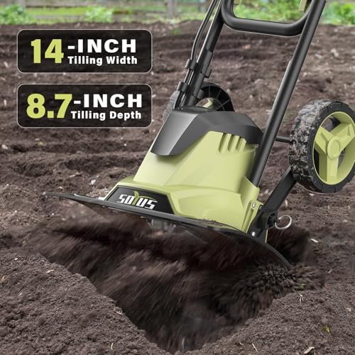 SOYUS 14 Inch Electric Tiller Cultivator 12 Amp Corded Tiller for Gardening, Garden Tiller with Folding Handle, 4 Steel Tines Wheeled Rototiller for Lawn Yard Soil Tilling