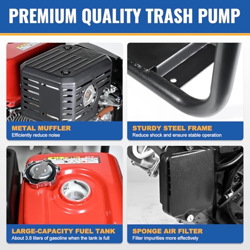 TOOLCY Trash Pump 2 inch with 6HP 181cc 132GPM 4-Cycle Gasoline Engine, Gas Powered Water Triple Outlet (2"/1.5"), Commercial Water Transfer Pump for Long-Distance Irrigation & Sprinkler Systems