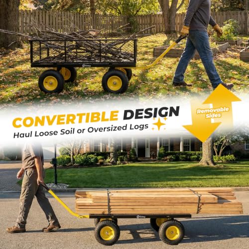 Sekey 1400lbs Heavy Duty Steel Garden Cart for Farm & Construction, 7.7 Cu.Ft. Extra-Large Utility Wagon with Removable Sides, 2-in-1 Towable Handle, 13" Rubber Tires, Black - color: Black, size: 1400LBS