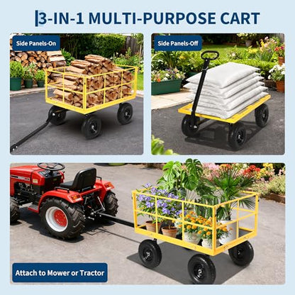 Heavy Duty 1500 lbs Steel Garden Cart, 3-in-1 Outdoor Utility Wagon with Removable Mesh Sides, 13" All-Terrain Wheels, 180° Rotating Handle for Lawn, Backyard, Farm & Gardening - color: Yellow
