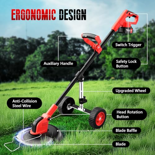 20000 RPM Electric Weed Wacker with Wheel,12″ Brushless Cordless Weed Eater Battery Powered, 4-in-1 Brush Cutter/String Trimmer/Grass Trimmer/Lawn Mower,Edger Stringless Weed Trimmer,5 Blade,2 Battery