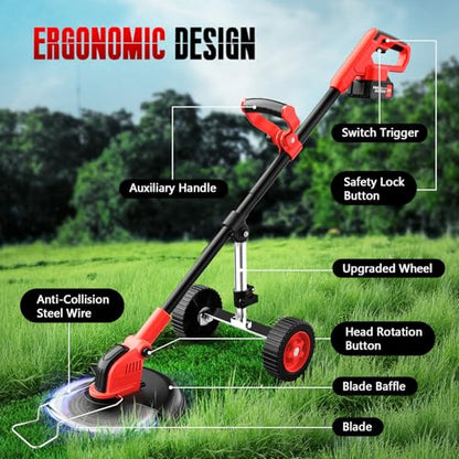 20000 RPM Electric Weed Wacker with Wheel,12″ Brushless Cordless Weed Eater Battery Powered, 4-in-1 Brush Cutter/String Trimmer/Grass Trimmer/Lawn Mower,Edger Stringless Weed Trimmer,5 Blade,2 Battery