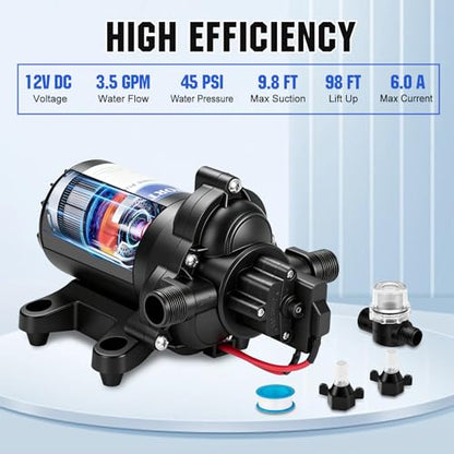 ECO-WORTHY RV Fresh Water Pump 12V DC 3.5GPM 45PSI with Pressure Switch, 12Volt Self Priming Water Pressure Diaphragm Pump On demand for RV Yacht Camper Sprayer Food Truck Black - color: Black 4