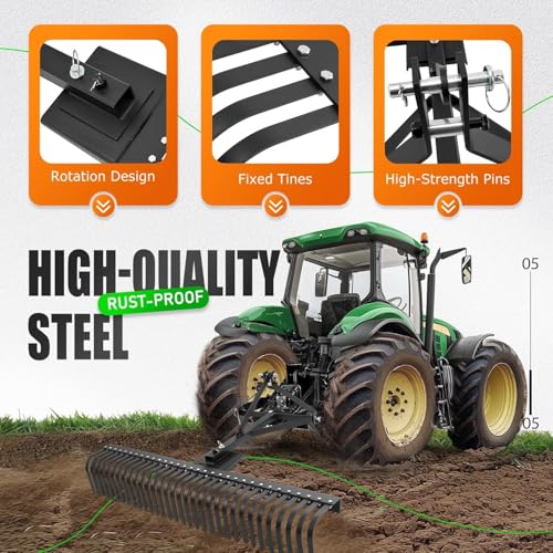 KUAFU 60" 3 Point Landscape Rake Rotation Compatible with Category 1 - style: Black