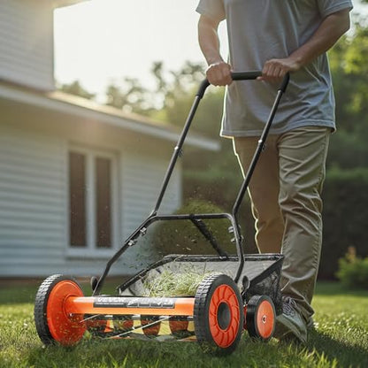VEVOR Push Reel Lawn Mower 18 inch, 5 Blades Manual Push Mower No Motor, 1.37-2.44 in Adjustable Cutting Height, Walk-Behind Lawn Mowers with Grass Catcher Bag for Green Lawns, Driveways, Courtyards - size: 18 inch