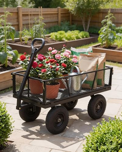 GarveeTech 1200LBS Heavy Duty Steel Garden Cart, Garden Wagon Cart on Wheels, Metal Yard Utility Wagon with Removable Mesh Sides, 13" All Terrain Tires, 180° Rotating Handle for Lawn, Garden, Farm - color: Black