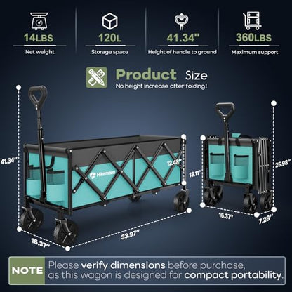 HIKEMOON 34'' Extra Long Folding Portable Wagon, 120L 360LBS Turquoise - color: Turquoise