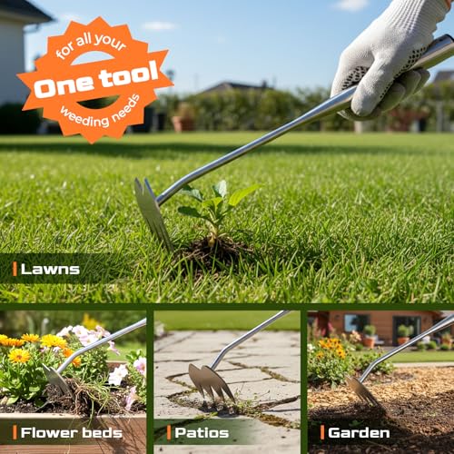 Weed Puller Tool, Heavy-Duty Stainless Steel Garden Hand Weeding Tool - size: 4-tooth