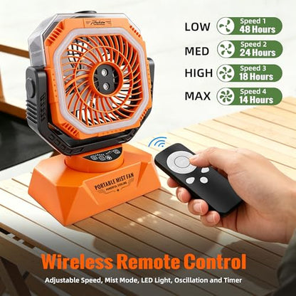 Roykaw 48Hrs Golf Cart Misting Fan, 2-in-1 Large Golf Cart Fan & Camping Fan w/ 2 Spray Modes/4 Powerful Speeds/3 Ultra-Bright LED Lights/Oscillation, with Detachable Base & Cup Holder for Golf Cart