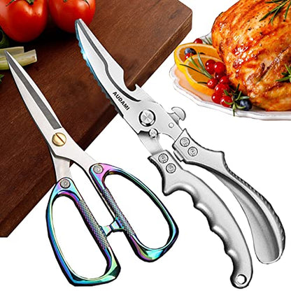2-Piece Kitchen Shears Set, Heavy Duty Professional Poultry Meat Scissors,Multi-Purpose Stainless Steel, Dishwasher Safe - color: Silver+rainbow