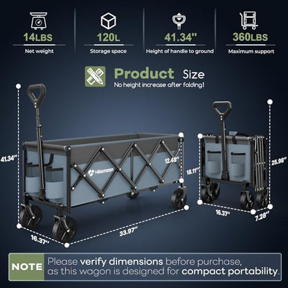 HIKEMOON 34'' Extra Long Folding Portable Wagon, 120L 360LBS Blue & Grey - color: Blue & Grey