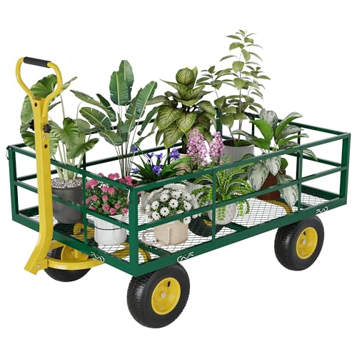 Heavy Duty Steel Garden Cart,with 10" Multi-Terrain Tires & 180° Swivel Handle, 4 Removable Mesh Sides,1200 lbs Capacity Utility Wagon for Lawn, Yard, Farm,Green Yellow - size: 1200LBS Green Yellow