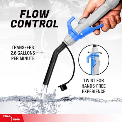 TERA PUMP Battery Powered Fuel & Water Transfer Pump, 2.6 GPM with Flow Control Nozzle, Squeeze Handle & Extra-Long Discharge Hose, 2 AA Batteries (Not Included) - style: Flow Control Nozzle