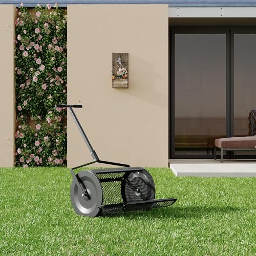 24 Inch Compost Spreader, Heavy Duty Lawn Fertilizer Spreader with Adjustable Handle, Easy-Open Metal Mesh Drum for Peat Moss Topsoil Manure Mulch, Rust-Proof Garden Tool