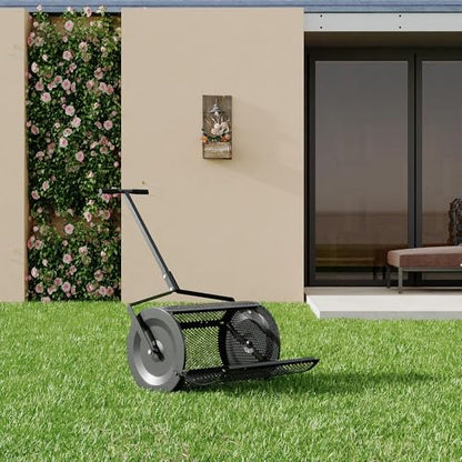 24 Inch Compost Spreader, Heavy Duty Lawn Fertilizer Spreader with Adjustable Handle, Easy-Open Metal Mesh Drum for Peat Moss Topsoil Manure Mulch, Rust-Proof Garden Tool