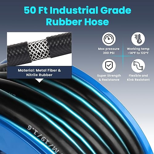 Diesel Fuel Hose Reel Blue, Heavy Duty Retractable 3/4" x 50ft Hose Reel with Automatic Shut Off 3/4 Fuel Nozzle Spring Driven Auto Swivel 300PSI Fuel Line Hose for Tank Truck Trailer Boat