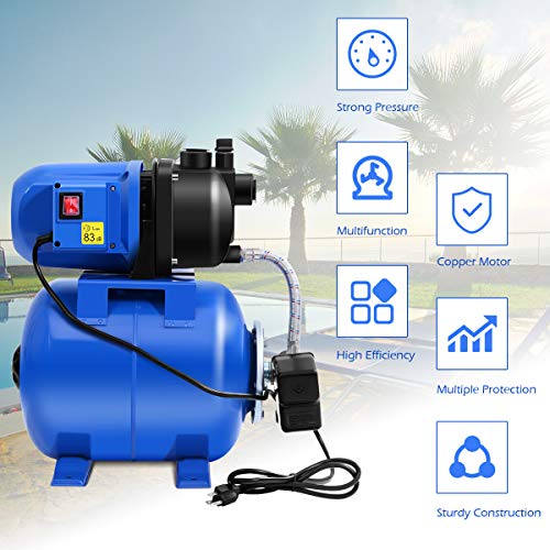 Goplus 1.6HP Shallow Well Pump with Pressure Tank, 1000GPH-5Gal Automatic Water Booster Jet Pump for Water Supply System, Irrigation Water Pump for Home, Garden & Lawn, 1200W (Blue) - color: Blue