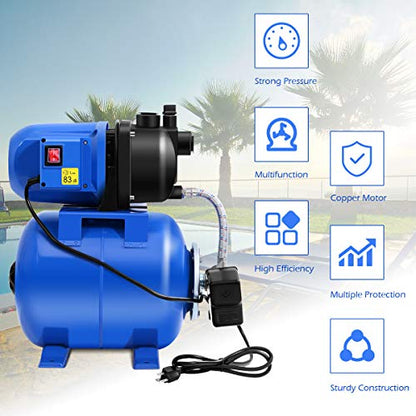 Goplus 1.6HP Shallow Well Pump with Pressure Tank, 1000GPH-5Gal Automatic Water Booster Jet Pump for Water Supply System, Irrigation Water Pump for Home, Garden & Lawn, 1200W (Blue) - color: Blue
