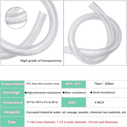 1-1/4"id-25ft PVC Reinforced Tubing Steel Wire Suction Hose Vinyl Tubing - size: 1-1/4"ID, style: 25 feet