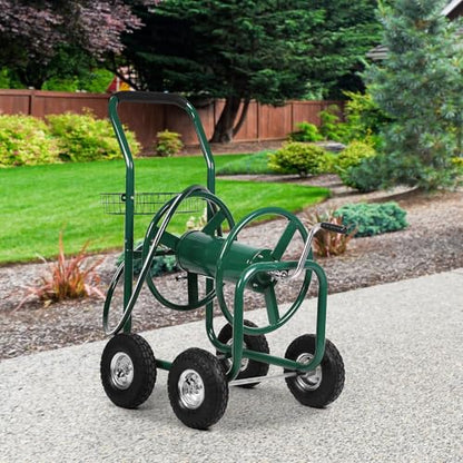 Garden Hose Reel Cart with Wheels, Holds 300-Feet of 5/8-Inch Hose, Heavy Duty Yard Water Planting 4 Wheels Outdoor Garden Lawn Water Truck with Storage Basket, Green - color: Green
