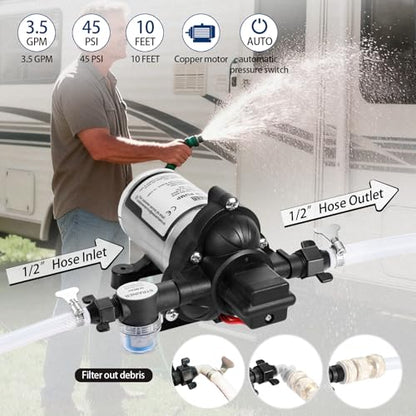 WASSERMANN RV Water Pump 12V DC 2088-554-144 Replacement, 3.5 GPM 45PSI, Quiet Water Pump for RV, Camper, Self-priming RV Water Pressure Pump, Food Truck Travel Trailer RV Water Pumps with Acessories - color: White07