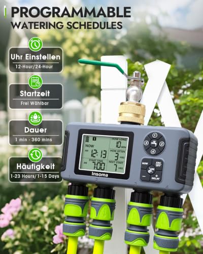 Insoma 4-Zone Water Timer with Brass Inlet, Automatic Garden Hose Timer with Manual/Rain Delay & Large Display, IPX5 Waterproof Faucet Timers for Sprinkler System, Yard, Lawn, Greenhouse - size: 4 Zone-Brass Inlet
