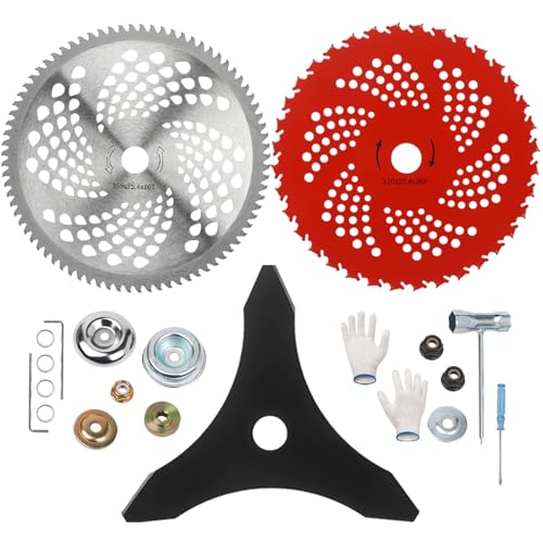 Steel Trimmer Head,10" x 3 Teeth Carbon Steel Brush Cutter Blades,10" x 80T Carbide Tip Brush Cutter Trimmer Blades & 9" x 36 Teeth Carbide Tipped Blades,Weed Lawn Trimmer Tools,Weedeater Heads - color: Red+Silvery+Black