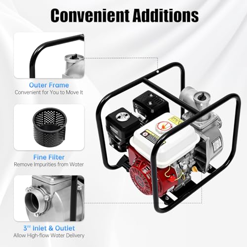 3 Inch Trash Pump, 7.5HP 210cc Gasoline Powered Water Pump, 60m³/h Flow, 3" Inlet/Outlet, 91.86ft Head, 22.97ft Suction, Portable High Flow Water Transfer Pump for Farm Irrigation, Pool, Garden - size: 3 inch
