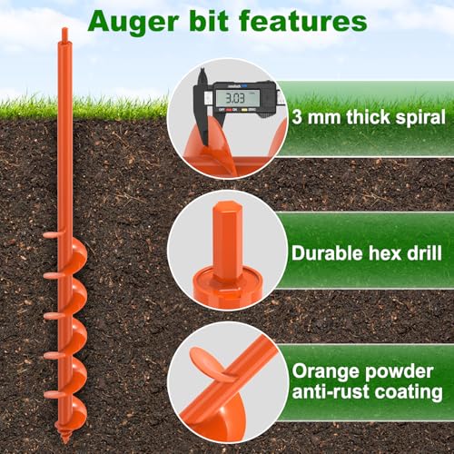 Insaga Auger Drill Bit for Planting 3''x32'' Garden Earth Auger 3mm Thicker Drill Augers for Digging Holes Heavy Duty Auger Post Hole Digger for Bulb, Flowers, Plants - Fits 3/8" Hex Drive Drill - size: 3x32''