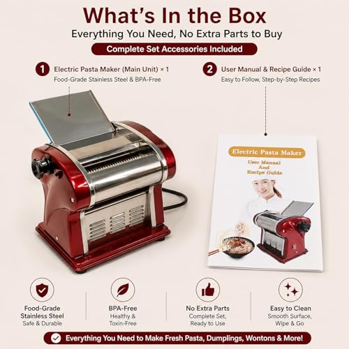 Electric Pasta Noodle Maker Machine, Built-in 2.5 mm Blade, Dough Width 14 cm, 0.3-4 mm Adjustable Thickness, Output 5Kg/H for Home & Commercial Use