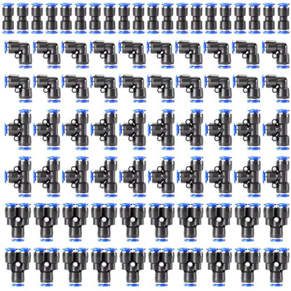 TAILONZ 1/4" Push to Connect Fitting Splitters+Elbows+Tees+Straight 80pcs - color: Blue, size: 1/4"OD/80PCS