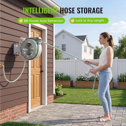 Retractable Garden Hose Reel 1/2"x100ft Wall Mount with 10-Function Nozzle - color: White