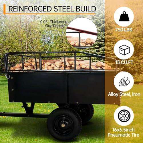 750LB Heavy Duty Steel Garden Cart, 15 Cu. Ft Utility Dump Trailer with Removable Sides, Raised Rails, Tailgate & Hitch, Tow Behind for ATV, Lawn Tractor, Mower – Durable Outdoor Yard Wagon - color: Black
