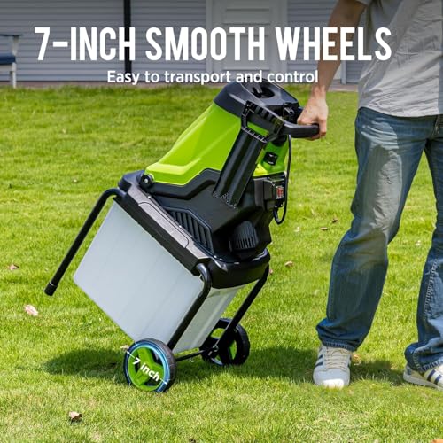 Steelite 1.8" 15 Amp Electric Wood Chipper, 55L Collection Bin Electric Mulcher Chipper Shredder, Wood Chipper with Max 4000RPM Motor Speed, Easy-Cleanup Dual Steel Blades for Twigs and Branches - color: dark green