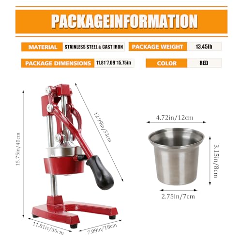 Kitchen Cast Iron Juicer - Easy-to-Clean Heavy-Duty Manual Juicer, Professional Citrus Juicer - Stainless Steel Lemon Squeezer - Manual Citrus Press & Orange Squeezer - Orange Juicer (Red) - color: Red