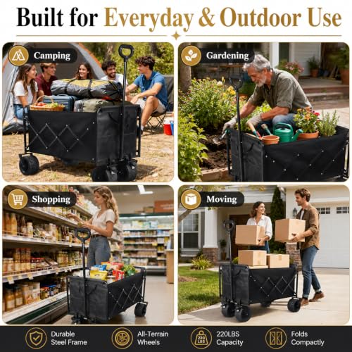 Wagons Carts Foldable Heavy Duty, 600 lb Tank Wheel Wagon with Brakes - color: Light Black
