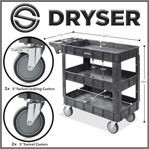 Dryser Utility Cart with Wheels, 40" x 17" Heavy Duty 550 lb. Capacity with Shelves - 3 Tier Rolling Cart with Four 5" Swivel Casters for Warehouse, Garage, Cleaning - size: 3 Shelves 4 Swivel 40x17