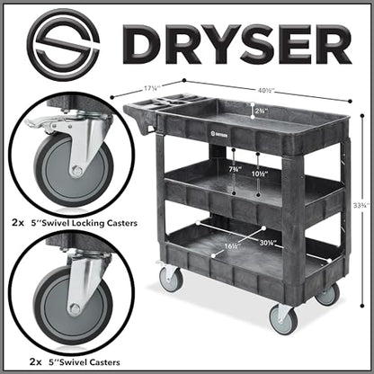 Dryser Utility Cart with Wheels, 40" x 17" Heavy Duty 550 lb. Capacity with Shelves - 3 Tier Rolling Cart with Four 5" Swivel Casters for Warehouse, Garage, Cleaning - size: 3 Shelves 4 Swivel 40x17