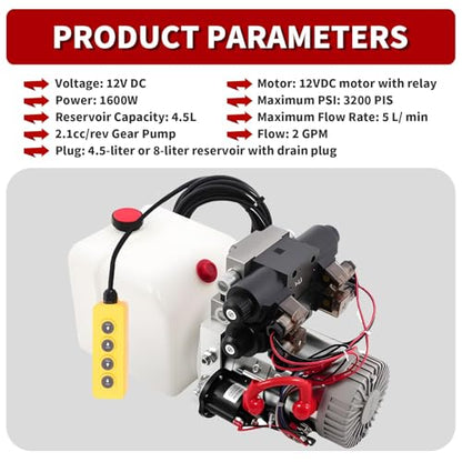 Nakkaa 12V DC 4 Way Double Acting Hydraulic Power Unit 4.5L Reservoir