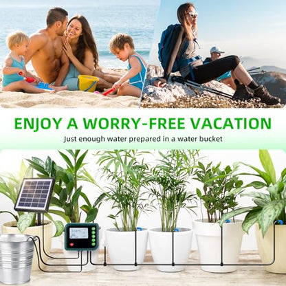 Solar Automatic Drip Irrigation Kit System,Automatic Plant Watering Devices Programmable Water Timer,LED Display for 15 Potted Plants Outdoor Indoor Garden Balcony Vacation
