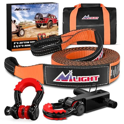 Nilight 3" x20' Tow Strap Kit 2" Receiver 3/4" Anti-Theft D-Ring Shackles - color: 20ft Tow Strap +D-Ring Shackle +Hitch