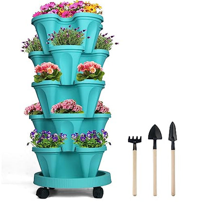 DUNCHATY Stackable Vertical Garden Planter with Wheels, 5 Tier Herb Planter Pots for Growing Vegetables and Succulents, Teal - color: Teal, size: 5Tier-1 Pack