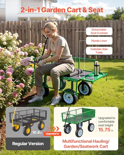 VEVOR 500 LBS Steel Garden Cart with Work Seat, Heavy Duty Garden Wagon Cart on Wheels, Outdoor Metal Utility Yard Wagon Gardening Stool with 10inch Flat Free Tires & Adjustable Handle, Green - color: Green