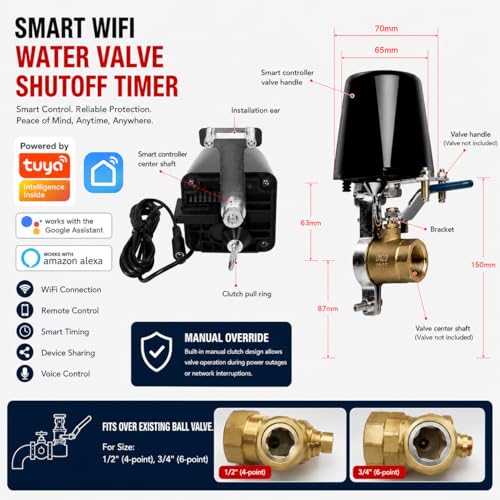 Smart Wifi Water Valve, Copper Handle Valve, Compatible with Alexa Google, No Hub Required