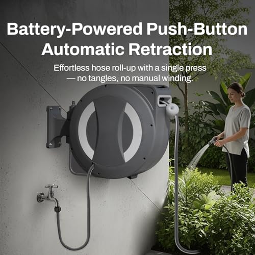 Betta EaseReel Battery-Powered Wall-Mounted Retractable Hose Reel, with Quick-Access Dual Hose Length Control, 8 Spray Patterns Nozzle, Automatic Roll-Up & Tangle-Free Hose Guide (1/2'', 78FT/23m) - size: 1/2'' - 78FT (23m)
