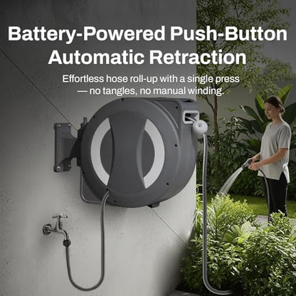 Betta EaseReel Battery-Powered Wall-Mounted Retractable Hose Reel, with Quick-Access Dual Hose Length Control, 8 Spray Patterns Nozzle, Automatic Roll-Up & Tangle-Free Hose Guide (1/2'', 78FT/23m) - size: 1/2'' - 78FT (23m)