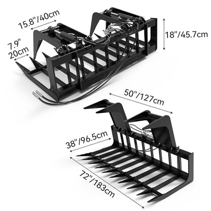 YITAMOTOR 72" Rock Grapple Rake Quick Tach Bucket Loader, Versatile Landscaping Tool with Replaceable Teeth, Rugged Design, and Broad Compatibility, Good for Large-Scale Tasks
